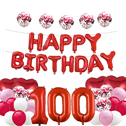 WXLWXZ Süßer Ballon zum 100. Geburtstag, Dekorationen zum 100. Geburtstag, Partyzubehör, rote Zahl 100, Folienballon, Latexballon, Geschenke für Mädchen, Jungen, Frauen, Männer von WXLWXZ