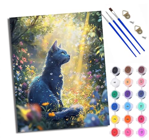 Malen Nach Zahlen DIY auf Leinwand Kit für Anfänger Blauäugiges Kätzchen im Wald Mit Acryl Farben und Premium Pinsel 40x50CM Home Deko oder Geburtstag Weihnachten Geschenk von WXRWANG