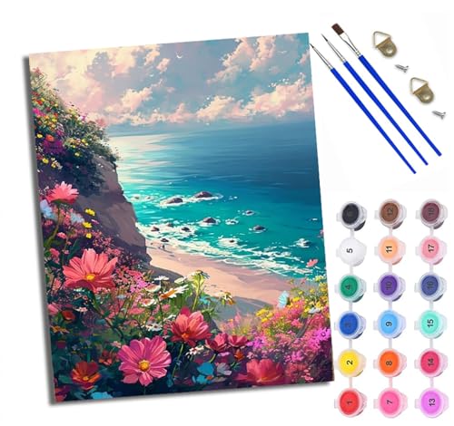 Malen Nach Zahlen DIY auf Leinwand Kit für Anfänger Blumige Klippen am Meer Mit Acryl Farben und Premium Pinsel 40x50CM Home Deko oder Geburtstag Weihnachten Geschenk von WXRWANG