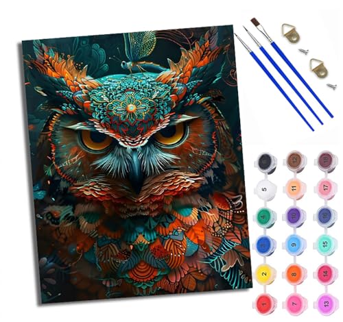 Malen Nach Zahlen DIY auf Leinwand Kit für Anfänger Bunt gemusterte Eule Mit Acryl Farben und Premium Pinsel 40x50CM Home Deko oder Geburtstag Weihnachten Geschenk von WXRWANG