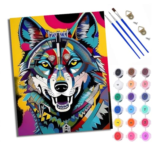 Malen Nach Zahlen DIY auf Leinwand Kit für Anfänger Bunte Wolfskopfkunst Mit Acryl Farben und Premium Pinsel 40x50CM Home Deko oder Geburtstag Weihnachten Geschenk von WXRWANG