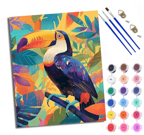 Malen Nach Zahlen DIY auf Leinwand Kit für Anfänger Bunter Tukan Mit Acryl Farben und Premium Pinsel 40x50CM Home Deko oder Geburtstag Weihnachten Geschenk von WXRWANG