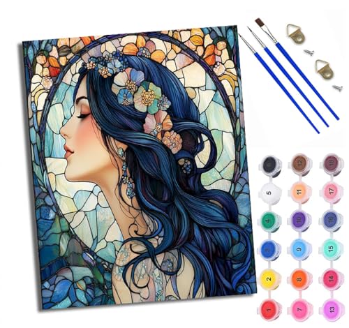 Malen Nach Zahlen DIY auf Leinwand Kit für Anfänger Buntglas langhaarige Frau Mit Acryl Farben und Premium Pinsel 40x50CM Home Deko oder Geburtstag Weihnachten Geschenk von WXRWANG