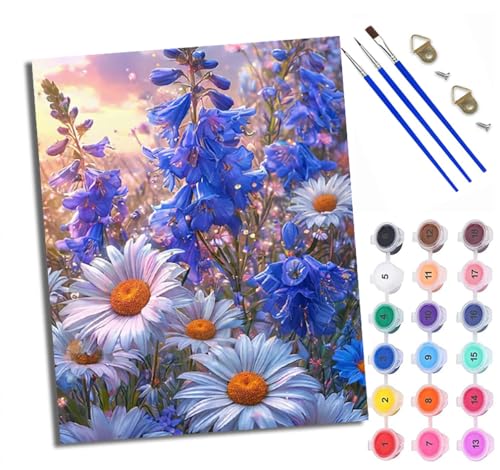 Malen Nach Zahlen DIY auf Leinwand Kit für Anfänger Ein Meer aus blauen Blumen und Gänseblümchen Mit Acryl Farben und Premium Pinsel 40x50CM Home Deko oder Geburtstag Weihnachten Geschenk von WXRWANG
