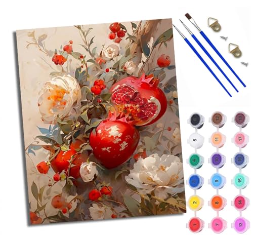 Malen Nach Zahlen DIY auf Leinwand Kit für Anfänger Granatapfel-Blumen-Stillleben Mit Acryl Farben und Premium Pinsel 40x50CM Home Deko oder Geburtstag Weihnachten Geschenk von WXRWANG