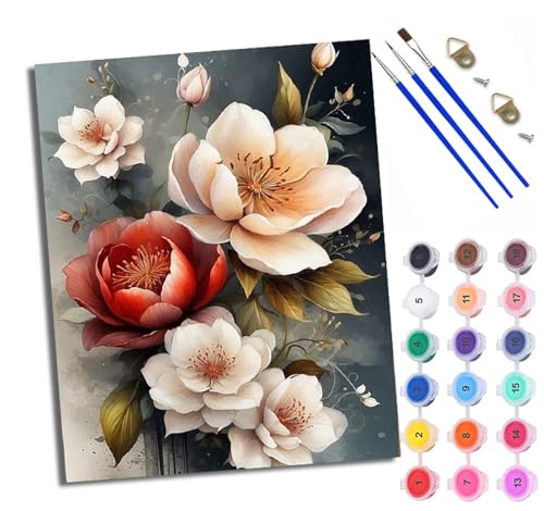 Malen Nach Zahlen DIY auf Leinwand Kit für Anfänger Kombination aus roten und weißen Blumen Mit Acryl Farben und Premium Pinsel 40x50CM Home Deko oder Geburtstag Weihnachten Geschenk von WXRWANG