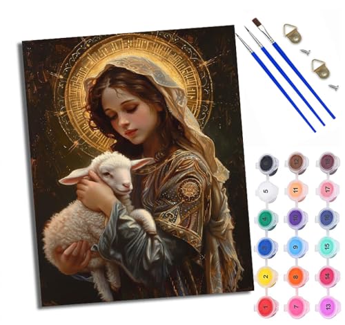 Malen Nach Zahlen DIY auf Leinwand Kit für Anfänger Madonna mit Schaf Mit Acryl Farben und Premium Pinsel 40x50CM Home Deko oder Geburtstag Weihnachten Geschenk von WXRWANG