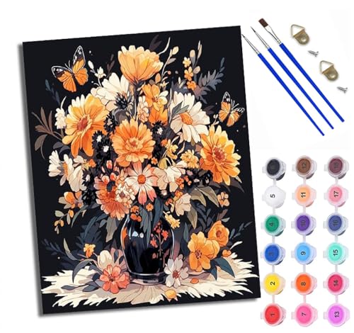 Malen Nach Zahlen DIY auf Leinwand Kit für Anfänger Orangefarbene Blumen- und Schmetterlingsillustration Mit Acryl Farben und Premium Pinsel 40x50CM Home Deko oder Geburtstag Weihnachten Geschenk von WXRWANG