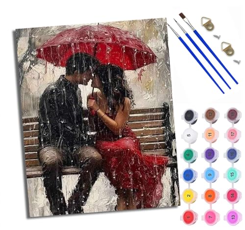 Malen Nach Zahlen DIY auf Leinwand Kit für Anfänger Paar unter Regenschirm im Regen Mit Acryl Farben und Premium Pinsel 40x50CM Home Deko oder Geburtstag Weihnachten Geschenk von WXRWANG