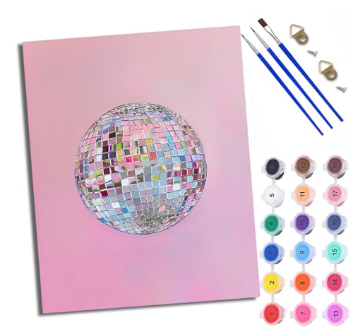 Malen Nach Zahlen DIY auf Leinwand Kit für Anfänger Rosa und lila Discokugel Mit Acryl Farben und Premium Pinsel Mit Rahmen Home Deko oder Geburtstag Weihnachten Geschenk von WXRWANG