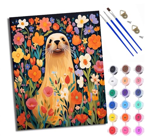 Malen Nach Zahlen DIY auf Leinwand Kit für Anfänger Seelöwe zwischen Blumen Mit Acryl Farben und Premium Pinsel 40x50CM Home Deko oder Geburtstag Weihnachten Geschenk von WXRWANG