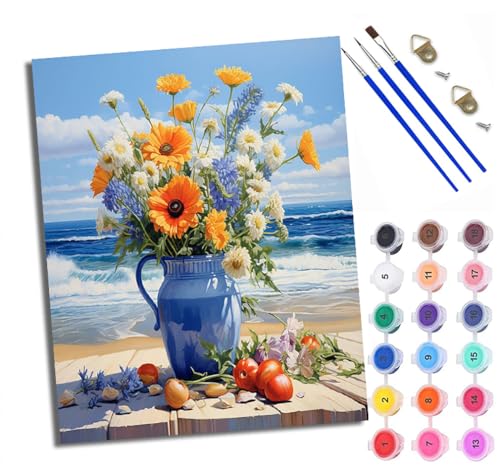 Malen Nach Zahlen DIY auf Leinwand Kit für Anfänger Stillleben mit Blumenstrauß am Meer Mit Acryl Farben und Premium Pinsel 40x50CM Home Deko oder Geburtstag Weihnachten Geschenk von WXRWANG