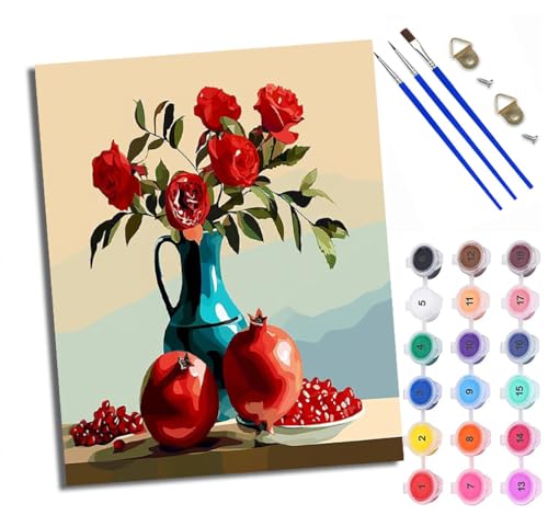 Malen Nach Zahlen DIY auf Leinwand Kit für Anfänger Stillleben mit Rose und Granatapfel Mit Acryl Farben und Premium Pinsel 40x50CM Home Deko oder Geburtstag Weihnachten Geschenk von WXRWANG
