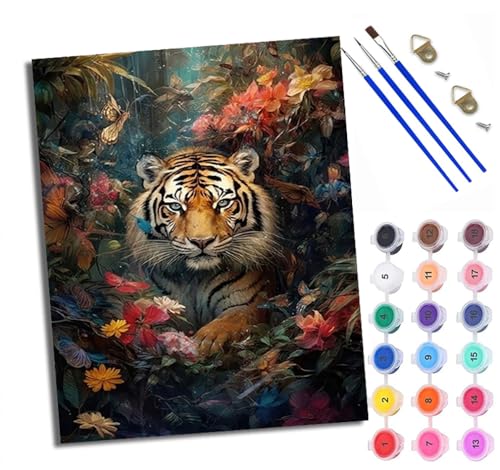 Malen Nach Zahlen DIY auf Leinwand Kit für Anfänger Tiger zwischen Blumen Mit Acryl Farben und Premium Pinsel 40x50CM Home Deko oder Geburtstag Weihnachten Geschenk von WXRWANG