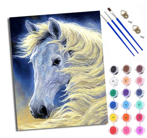 Malen Nach Zahlen DIY auf Leinwand Kit für Anfänger Weißes Langhaarpony Mit Acryl Farben und Premium Pinsel 40x50CM Home Deko oder Geburtstag Weihnachten Geschenk von WXRWANG