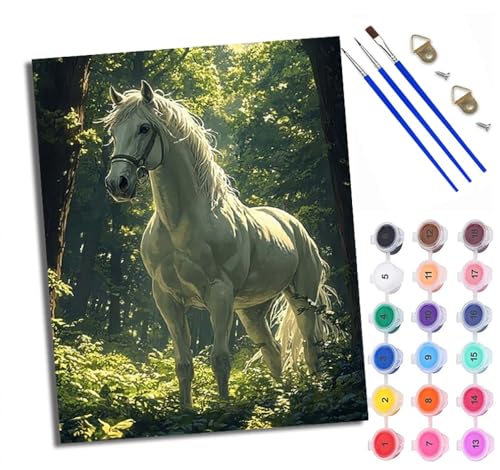 Malen Nach Zahlen DIY auf Leinwand Kit für Anfänger Weißes Pferd im Wald Mit Acryl Farben und Premium Pinsel 40x50CM Home Deko oder Geburtstag Weihnachten Geschenk von WXRWANG