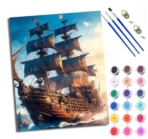 Malen Nach Zahlen Erwachsene Paint by Numbers Malen Nach Zahlen mit Pinseln und Acrylfarben Altes Segelschiff auf dem Meer Handgemalte Ölgemälde Leinwand für Home Décor Mit Rahmen von WXRWANG