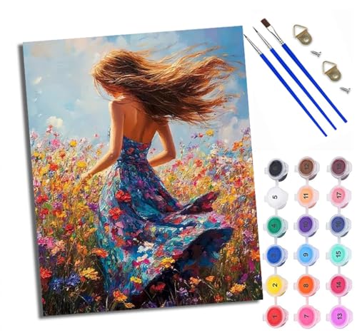 Malen Nach Zahlen Erwachsene Paint by Numbers Malen Nach Zahlen mit Pinseln und Acrylfarben Blondes Mädchen im geblümten Kleid Handgemalte Ölgemälde Leinwand für Home Décor Ohne Rahmen von WXRWANG
