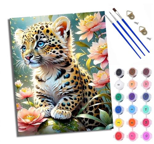 Malen Nach Zahlen Erwachsene Paint by Numbers Malen Nach Zahlen mit Pinseln und Acrylfarben Blumen umgeben den süßen Leoparden Handgemalte Ölgemälde Leinwand für Home Décor Ohne Rahmen von WXRWANG