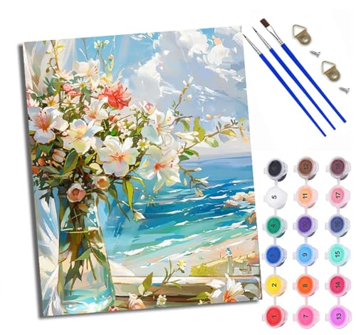 Malen Nach Zahlen Erwachsene Paint by Numbers Malen Nach Zahlen mit Pinseln und Acrylfarben Blumenstrauß am Fenster mit Meerblick Handgemalte Ölgemälde Leinwand für Home Décor Ohne Rahmen von WXRWANG