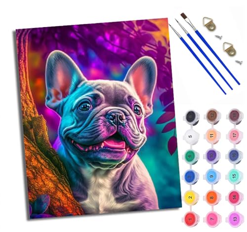 Malen Nach Zahlen Erwachsene Paint by Numbers Malen Nach Zahlen mit Pinseln und Acrylfarben Bunte süße französische Bulldogge Handgemalte Ölgemälde Leinwand für Home Décor Ohne Rahmen von WXRWANG