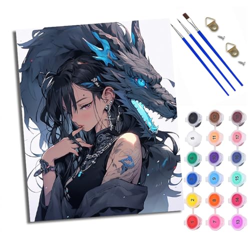 Malen Nach Zahlen Erwachsene Paint by Numbers Malen Nach Zahlen mit Pinseln und Acrylfarben Der Drache und das Mädchen in Schwarz Handgemalte Ölgemälde Leinwand für Home Décor Ohne Rahmen von WXRWANG