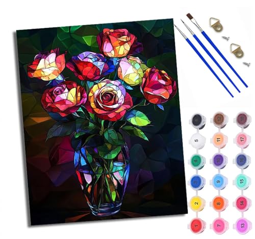 Malen Nach Zahlen Erwachsene Paint by Numbers Malen Nach Zahlen mit Pinseln und Acrylfarben Farbige Rosenvase aus Glas Handgemalte Ölgemälde Leinwand für Home Décor Ohne Rahmen von WXRWANG