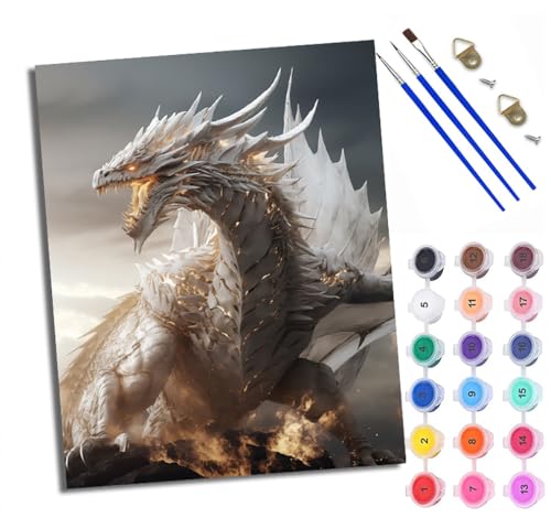 Malen Nach Zahlen Erwachsene Paint by Numbers Malen Nach Zahlen mit Pinseln und Acrylfarben Flammende weiße Drachenstatue Handgemalte Ölgemälde Leinwand für Home Décor Ohne Rahmen von WXRWANG