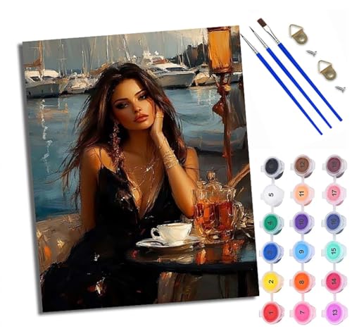 Malen Nach Zahlen Erwachsene Paint by Numbers Malen Nach Zahlen mit Pinseln und Acrylfarben Frau in Schwarz am Hafen Handgemalte Ölgemälde Leinwand für Home Décor Ohne Rahmen von WXRWANG
