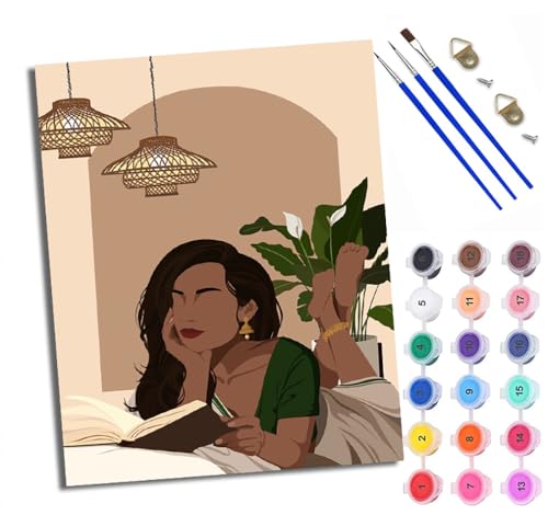 Malen Nach Zahlen Erwachsene Paint by Numbers Malen Nach Zahlen mit Pinseln und Acrylfarben Frau liest ein Buch Handgemalte Ölgemälde Leinwand für Home Décor Ohne Rahmen von WXRWANG