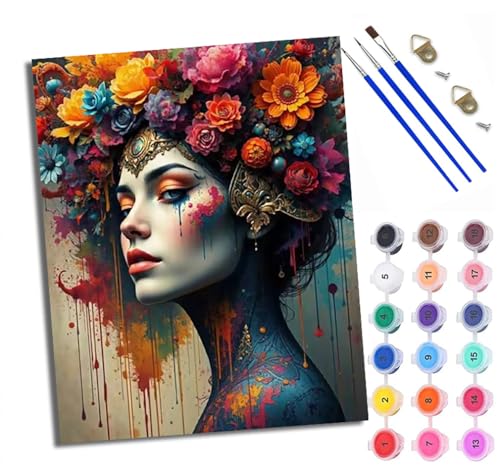 Malen Nach Zahlen Erwachsene Paint by Numbers Malen Nach Zahlen mit Pinseln und Acrylfarben Frau mit Blumenkopfschmuck Handgemalte Ölgemälde Leinwand für Home Décor Ohne Rahmen von WXRWANG