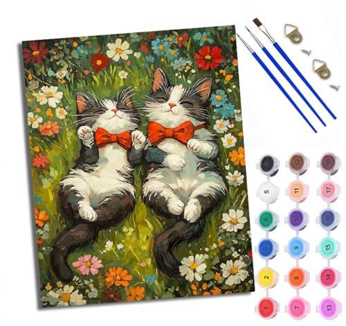 Malen Nach Zahlen Erwachsene Paint by Numbers Malen Nach Zahlen mit Pinseln und Acrylfarben Katze in den Blumen Handgemalte Ölgemälde Leinwand für Home Décor Ohne Rahmen von WXRWANG