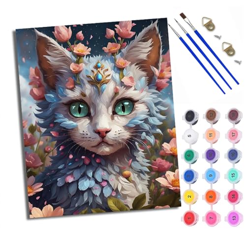 Malen Nach Zahlen Erwachsene Paint by Numbers Malen Nach Zahlen mit Pinseln und Acrylfarben Katze umgeben von Blumen Handgemalte Ölgemälde Leinwand für Home Décor Ohne Rahmen von WXRWANG