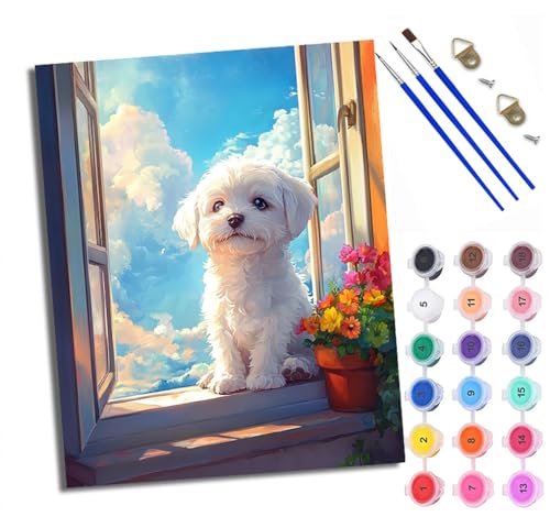 Malen Nach Zahlen Erwachsene Paint by Numbers Malen Nach Zahlen mit Pinseln und Acrylfarben Kleiner weißer Hund auf der Fensterbank Handgemalte Ölgemälde Leinwand für Home Décor Ohne Rahmen von WXRWANG