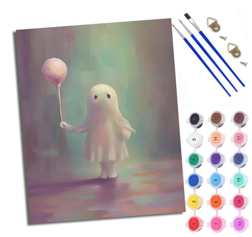 Malen Nach Zahlen Erwachsene Paint by Numbers Malen Nach Zahlen mit Pinseln und Acrylfarben Kleines Gespenst mit einem Ballon Handgemalte Ölgemälde Leinwand für Home Décor Ohne Rahmen von WXRWANG