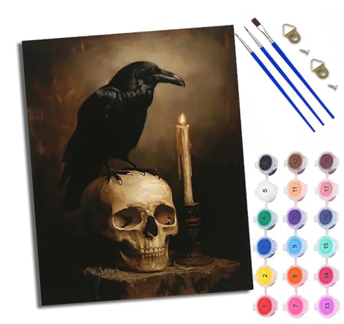 Malen Nach Zahlen Erwachsene Paint by Numbers Malen Nach Zahlen mit Pinseln und Acrylfarben Krähe und Totenkopf bei Kerzenlicht Handgemalte Ölgemälde Leinwand für Home Décor Ohne Rahmen von WXRWANG