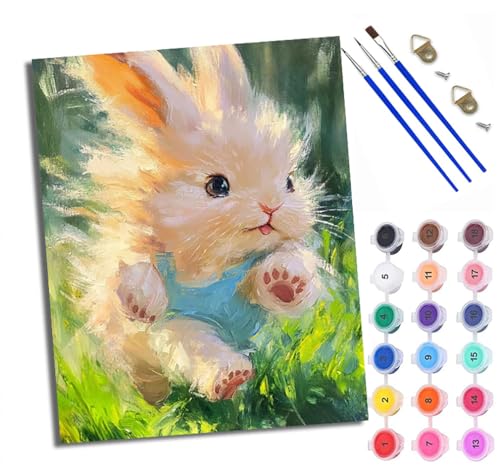 Malen Nach Zahlen Erwachsene Paint by Numbers Malen Nach Zahlen mit Pinseln und Acrylfarben Laufendes süßes Häschen Handgemalte Ölgemälde Leinwand für Home Décor Ohne Rahmen von WXRWANG