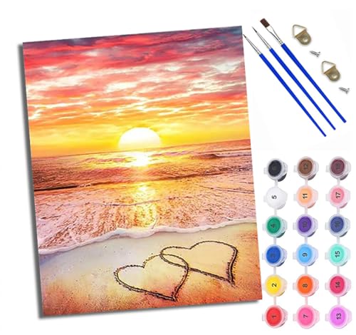 Malen Nach Zahlen Erwachsene Paint by Numbers Malen Nach Zahlen mit Pinseln und Acrylfarben Liebe Strandwellen Handgemalte Ölgemälde Leinwand für Home Décor Ohne Rahmen von WXRWANG
