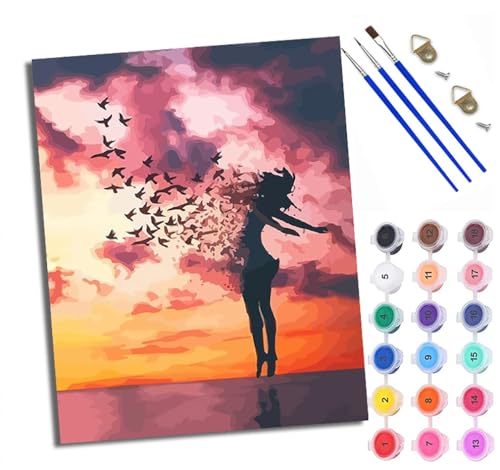 Malen Nach Zahlen Erwachsene Paint by Numbers Malen Nach Zahlen mit Pinseln und Acrylfarben Mädchen bei Sonnenuntergang Handgemalte Ölgemälde Leinwand für Home Décor Ohne Rahmen von WXRWANG