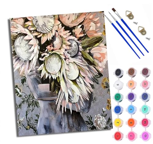 Malen Nach Zahlen Erwachsene Paint by Numbers Malen Nach Zahlen mit Pinseln und Acrylfarben Mädchen hält einen Blumenstrauß Handgemalte Ölgemälde Leinwand für Home Décor Ohne Rahmen von WXRWANG