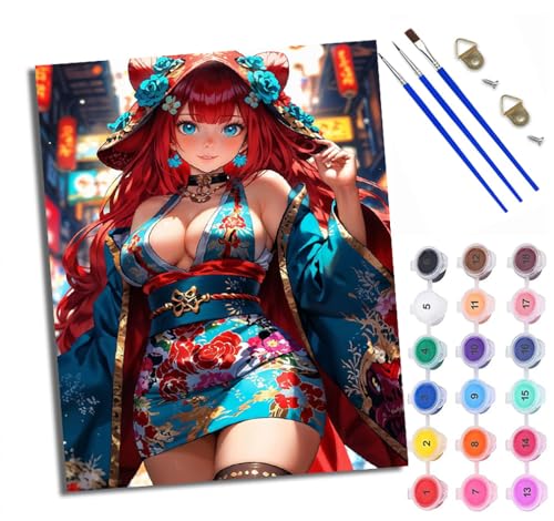 Malen Nach Zahlen Erwachsene Paint by Numbers Malen Nach Zahlen mit Pinseln und Acrylfarben Mädchen im Kimono Handgemalte Ölgemälde Leinwand für Home Décor Ohne Rahmen von WXRWANG