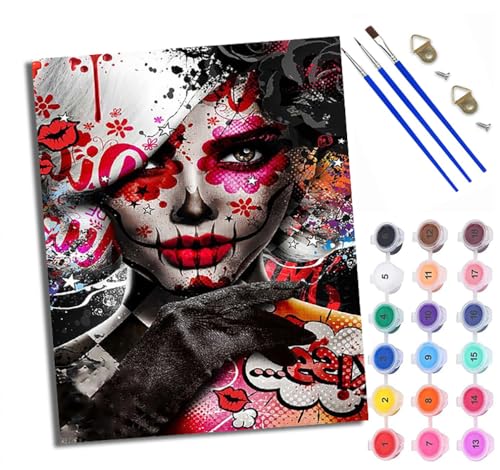 Malen Nach Zahlen Erwachsene Paint by Numbers Malen Nach Zahlen mit Pinseln und Acrylfarben Mädchen mit bemaltem Gesicht im Graffiti-Stil Handgemalte Ölgemälde Leinwand für Home Décor Ohne Rahmen von WXRWANG