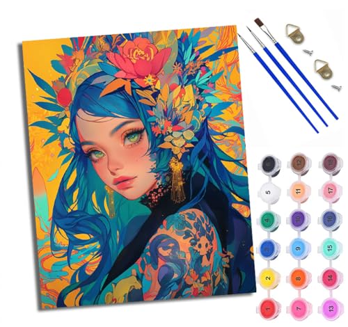 Malen Nach Zahlen Erwachsene Paint by Numbers Malen Nach Zahlen mit Pinseln und Acrylfarben Mädchen mit blauen Haaren und Blumenschmuck Handgemalte Ölgemälde Leinwand für Home Décor Ohne Rahmen von WXRWANG
