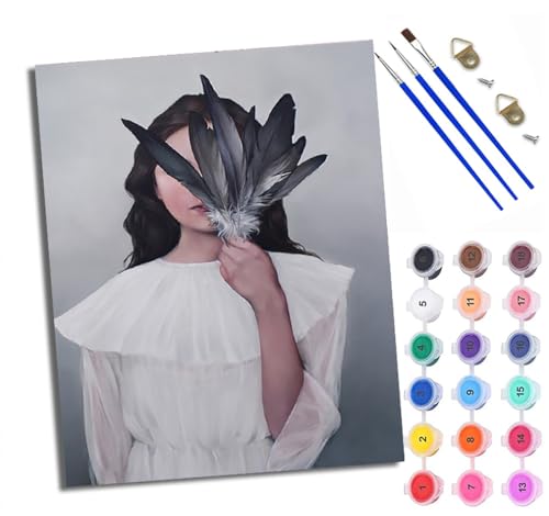 Malen Nach Zahlen Erwachsene Paint by Numbers Malen Nach Zahlen mit Pinseln und Acrylfarben Mädchen mit weißer Feder vor dem Gesicht Handgemalte Ölgemälde Leinwand für Home Décor Ohne Rahmen von WXRWANG