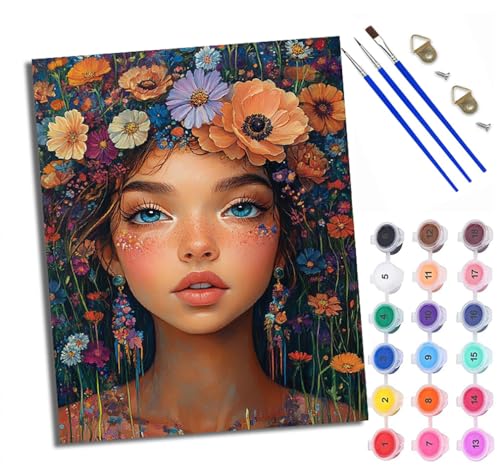 Malen Nach Zahlen Erwachsene Paint by Numbers Malen Nach Zahlen mit Pinseln und Acrylfarben Mädchen unter Blumen Handgemalte Ölgemälde Leinwand für Home Décor Ohne Rahmen von WXRWANG