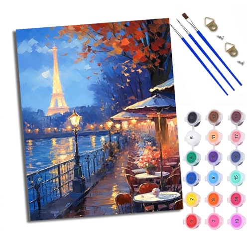 Malen Nach Zahlen Erwachsene Paint by Numbers Malen Nach Zahlen mit Pinseln und Acrylfarben Nachtansicht des Eiffelturms am Flussufer Handgemalte Ölgemälde Leinwand für Home Décor Ohne Rahmen von WXRWANG