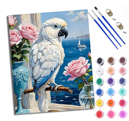 Malen Nach Zahlen Erwachsene Paint by Numbers Malen Nach Zahlen mit Pinseln und Acrylfarben Papagei und Blumen am Fenster Handgemalte Ölgemälde Leinwand für Home Décor Ohne Rahmen von WXRWANG