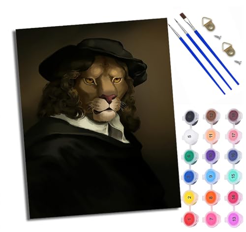 Malen Nach Zahlen Erwachsene Paint by Numbers Malen Nach Zahlen mit Pinseln und Acrylfarben Porträt eines Löwen mit Hut Handgemalte Ölgemälde Leinwand für Home Décor Ohne Rahmen von WXRWANG