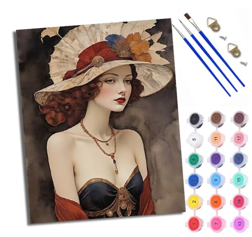 Malen Nach Zahlen Erwachsene Paint by Numbers Malen Nach Zahlen mit Pinseln und Acrylfarben Retro-Hut weibliches Porträt Handgemalte Ölgemälde Leinwand für Home Décor Ohne Rahmen von WXRWANG