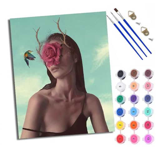 Malen Nach Zahlen Erwachsene Paint by Numbers Malen Nach Zahlen mit Pinseln und Acrylfarben Rose mit verbundenen Augen mit Hirsch und Vogel Handgemalte Ölgemälde Leinwand für Home Décor Ohne Rahmen von WXRWANG